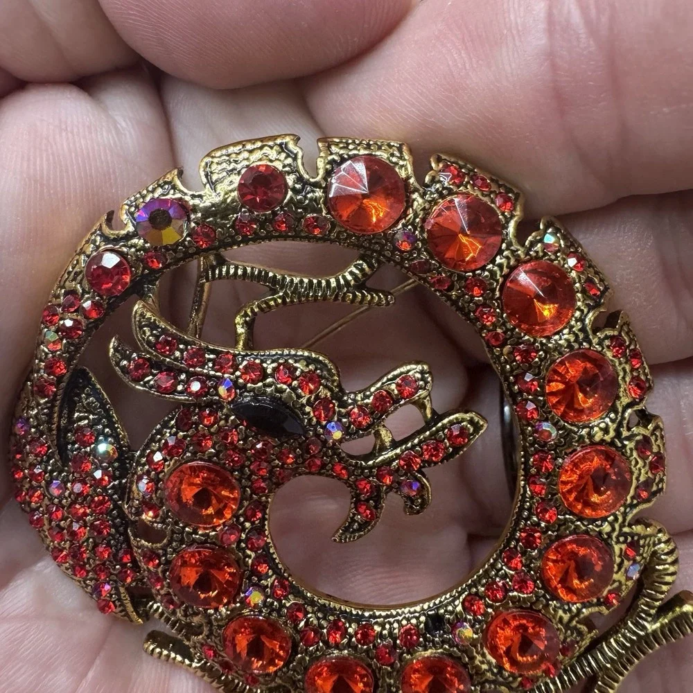 Anthropologie Red Dragon Brooch Gold Tone With Rhinestones Pendant